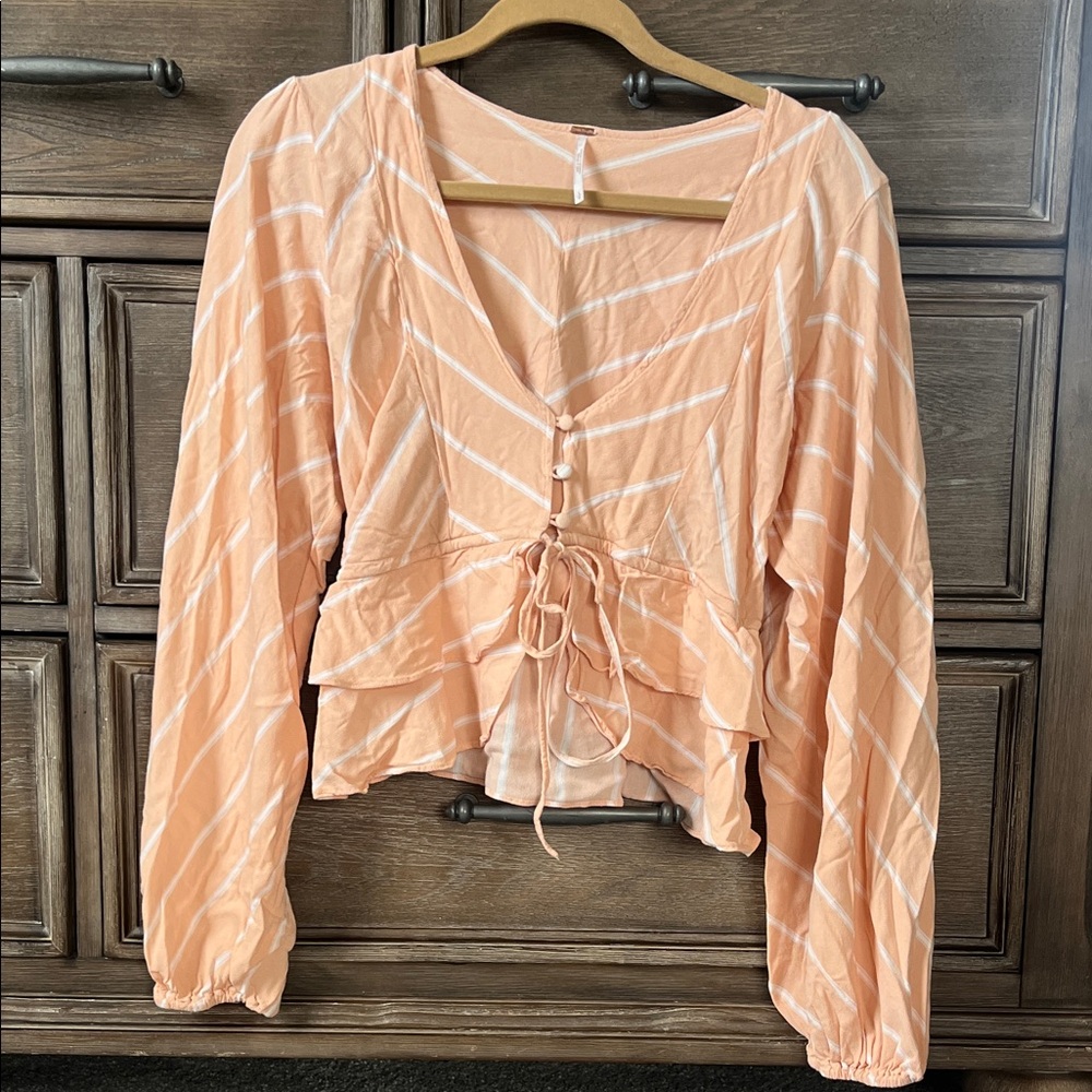 Free People Peach Striped V-Neck Tie-Front Blouse